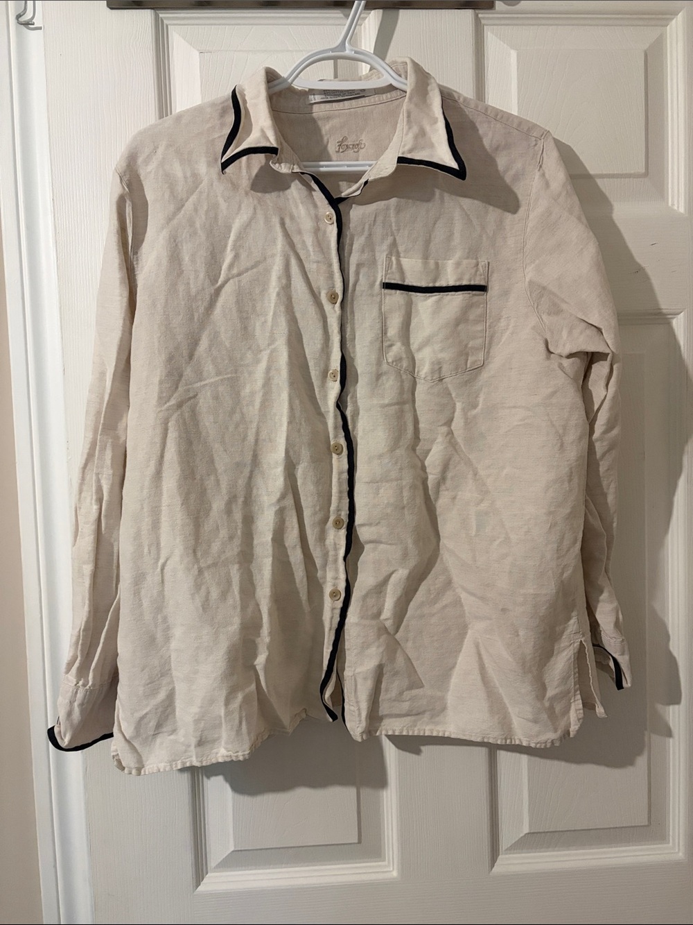 Foxcroft Cream Button-Down Shirt with Black Piping